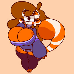anthro big_breasts biped breasts brown_hair clothed clothing feet female front_view hair huge_breasts inner_ear_fluff legwear markings orange_body simple_background solo standing striped_markings stripes tail thick_thighs topwear tuft manicorange manicorange_(character) ailurid mammal red_panda 1:1 2025 digital_media_(artwork) flat_colors hi_res