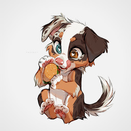 blue_eyes brown_body brown_eyes brown_fur brown_markings burger eyebrows eyelashes female feral floppy_ears food fur grey_markings heart_eyes heart_symbol heterochromia holding_burger holding_food holding_object licking licking_lips looking_at_food looking_at_object markings multicolored_body multicolored_fur nude orange_body orange_eyebrows orange_fur pawpads pink_nose pink_pawpads pink_tongue simple_background sitting small_snout solo spots spotted_body spotted_fur spotted_markings tail teeth tongue tongue_out white_background white_markings young azzai australian_shepherd canid canine canis domestic_dog herding_dog mammal pastoral_dog sheepdog 1:1 colored colored_sketch digital_drawing_(artwork) digital_media_(artwork) shaded sketch