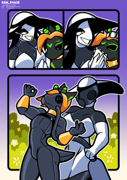 2_horns anthro armwear big_breasts black_body black_bodysuit black_clothing black_latex black_sclera black_skinsuit bodysuit breasts chloroform clothed clothed_female clothed_human clothing dress drone dronification duo elbow_gloves female flower gas_canister gas_mask gloves green_markings hair handwear hat headgear headwear horn kneeling latex male markings mask orange_hair plant plant_pot skinsuit sun_hat text tight_clothing wearing_hat wearing_mask white_armwear white_clothing white_dress white_elbow_gloves white_gloves white_handwear rem_phase luka_(keylead) nova_(rem_phase) human latex_creature mammal noctide 2025 comic digital_media_(artwork) hi_res
