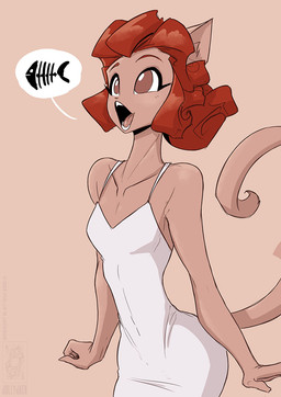anthro clothing dialogue dress female hair open_mouth red_hair simple_background speech_bubble tan_background tan_body tan_eyes teeth white_clothing white_dress conditional_dnp jollyjack domestic_cat felid feline felis mammal 2026