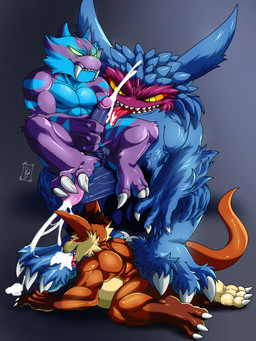 anthro balls blue_body bodily_fluids cum cumshot ejaculation fangs feet foot_fetish genital_fluids genitals group humanoid_genitalia humanoid_penis licking_cum lying male male/male on_lap orange_body overweight penis purple_body simple_background sitting_on_lap teeth tongue tongue_out trio yellow_eyes lazaxus activision skylanders wildstar gusho pop_fizz trap_shadow_(skylanders) chua monster 3:4 absurd_res hi_res