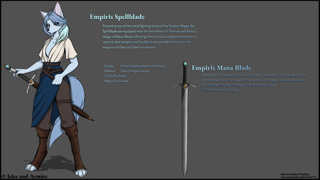 anthro armor black_border blue_clothing blue_hair border brown_eyes clothing curious dialogue feminine fingers gem hair looking_at_viewer magic_user male melee_weapon scabbard slim solo sword text weapon snowiefeather kusp_cusp_(riverred) canid canine canis fox hybrid mammal wolf 16:9 2025 digital_media_(artwork) english_text hi_res model_sheet widescreen
