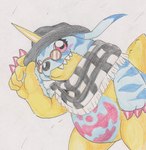 ambiguous_gender animal_skin anthro belly blush claws clothing eyewear glasses hat headgear headwear horn red_eyes scarf simple_background slightly_chubby solo white_background yellow_body tabasukotrr bandai_namco digimon digimon_(species) gabumon hi_res traditional_media_(artwork)