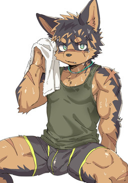 adolescent anthro athletic athletic_anthro athletic_male balls_outline biceps black_body black_fur black_nose bodily_fluids boxer_briefs bulge clothing cute_fangs detailed_bulge facial_scar fangs fur genital_outline green_eyes jewelry kemono looking_at_viewer male muscular muscular_legs muscular_male muscular_young necklace pecs penis_outline scar shirt simple_background sitting solo sweat sweatdrop tan_body tan_fur tank_top teeth topwear towel underwear young young_anthro young_male leeksaltboy xiaozhuang_(leeksaltboy) canid canine canis domestic_dog mammal