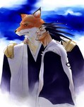 anthro armor black_hair blush clenched_teeth clothed clothing cloud duo fur hair hand_behind_head hand_behind_neck hand_on_neck looking_at_another male multicolored_body multicolored_fur orange_body orange_fur outside scar shinigami_uniform sky smile teeth teeth_showing two_tone_body two_tone_fur whiskers white_body white_fur yellow_eyes hiromi bleach_(series) sajin_komamura zaraki_kenpachi canid canine canis human mammal wolf