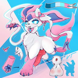 animal_genitalia balls blue_eyes blue_pawpads bodily_fluids cheek_tuft condom dripping erection facial_tuft feral fur genital_fluids genitals jewelry male pawpads pink_body pink_fur precum precum_drip raised_leg ribbons saggy_balls sexual_barrier_device simple_background solo tuft white_body white_fur veiltales nintendo pokemon unnamed_character eeveelution generation_6_pokemon pokemon_(species) sylveon 1:1 absurd_res hi_res model_sheet