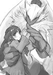 anthro bottomwear carrying_person clothing duo female gloves hair handwear long_hair male pants ponytail ponytail_ears shirtless simple_background small_waist tumugiv bandai_namco digimon digimon_ghost_game ruri_tsukiyono digimon_(species) human lagomorph leporid mammal rabbit symbareangoramon hi_res monochrome