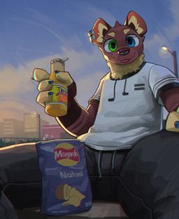 4_fingers anthro blue_sky bottle chips_(food) claws clothed clothing cloud container detailed_background ear_piercing facial_piercing fingers food fully_clothed fur gloves_(marking) heterochromia holding_bottle holding_container holding_object male markings multicolored_body multicolored_fur nose_piercing piercing sitting sky solo street_lamp tongue tongue_out ankorthewolf theo_(ankorthehyena) gulonine mammal marten mustelid musteline pine_marten absurd_res hi_res signature