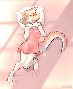 5_toes anthro bedding blonde_hair blush clothed clothing eyelashes eyewear feet female glasses hair long_tail looking_at_viewer lying multicolored_body multicolored_scales nightgown off_shoulder on_back on_bedding orange_body orange_scales scales short_hair smile snout solo spiked_tail spikes spikes_(anatomy) tail teal_eyes text toes two_tone_body two_tone_scales white_body white_scales loulouvz cavemanon_studios goodbye_volcano_high ko_op_(game_developer) snoot_game naomi_(gvh) dinosaur hadrosaurid ornithischian ornithopod parasaurolophus prehistoric_species reptile scalie 2024 absurd_res artist_name digital_drawing_(artwork) digital_media_(artwork) hi_res watermark