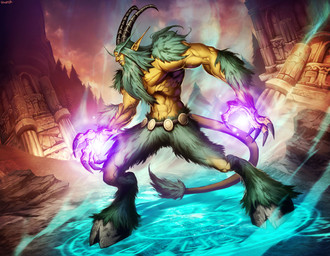 angry beard belt claws clenched_teeth cloud facial_hair fur green_beard green_body green_facial_hair green_fur hooves horn humanoid_pointy_ears magic magic_circle male muscular muscular_male navel outside pointy_ears ruins solo tail teeth genzoman blizzard_entertainment warcraft world_of_warcraft_trading_card_game humanoid satyr digital_media_(artwork) official_art