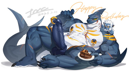 biceps blue_body cake claws dessert erection finger_claws food genital_piercing genitals glans green_eyes humanoid_genitalia humanoid_penis looking_at_viewer male navel nipples pecs penis penis_piercing piercing prince_albert_piercing scar simple_background smile solo tail toe_claws white_background forgetch dylan_(alvintanubis) aquatic fish shark absurd_res dated hi_res