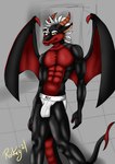 abs anthro black_body clothed clothing genitals hair horn male masculinity penis solo tail topless underwear white_hair wings rockeylombax mythology dragon mythological_creature mythological_scalie scalie absurd_res hi_res