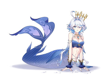 alternate_species blue_tail breasts cleavage clothed clothing crown ear_fins female fin gem hair headgear jewelry light_body light_skin membrane_(anatomy) mermaidification necklace pearl_(gem) short_hair simple_background solo split_form tail webbed_hands white_background white_hair ciannn genshin_impact mihoyo furina_(genshin_impact) aquatic humanoid_merfolk merfolk 2024 full-length_portrait hi_res portrait