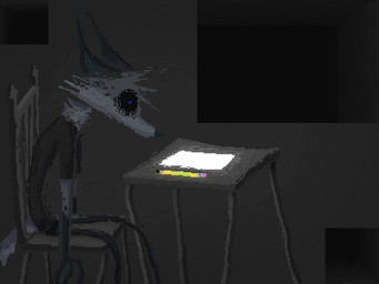 anthro chair clothed clothing furniture grey_clothing grey_shirt grey_t-shirt grey_topwear horror_(theme) male paper pencil_(object) shirt sitting skinny solo surrealism t-shirt table toony topwear demensa emil_(demensa) canid canine canis coyote domestic_dog mammal 2025 4:3 digital_media_(artwork) hi_res pixel_(artwork)
