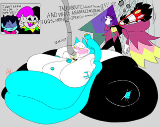 ambiguous_gender anthro belly belly_on_ground belly_rolls big_belly big_breasts big_cheeks blobby blush bodily_fluids breasts breath chubby_cheeks clenched_teeth clothed clothing cutaway dialogue disgust double_chin drinking embarrassed exposed_belly eyelashes fat_face fat_shaming feederism feeding_tube female female_focus floating_hands footwear force_feeding forced frown grey_background group hand_on_own_breast huge_belly huge_breasts huge_cheeks huge_hips huge_thighs humiliation hyper hyper_belly hyper_hips hyper_thighs immobile machine male medical_instrument mocking morbidly_obese morbidly_obese_anthro morbidly_obese_female narrowed_eyes nervous obese obese_anthro obese_female obscured_eyes open_mouth open_smile overweight overweight_anthro overweight_female scientific_instrument shoes simple_background simple_eyes sitting smile solo_focus sweat sweaty_face tail teeth text thick_tail thick_thighs three-quarter_view weight_gain wide_hips alt_for_fat_art deltarune undertale_(series) jevil_(deltarune) kris_dreemurr spamton_g._spamton tasque_manager darkner felid feline mammal robot 2022 absurd_res digital_drawing_(artwork) digital_media_(artwork) english_text flat_colors hi_res signature