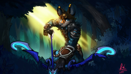 anthro armor blue_eyes bow_(weapon) brown_body brown_fur clothing detailed_background ear_piercing ear_ring forest fur gloves handwear holding_arrow holding_bow_(weapon) holding_object holding_ranged_weapon holding_weapon light light_beam looking_aside male pauldron piercing plant ranged_weapon ring_piercing shrub solo tree weapon kite512 canid canine fox mammal 16:9 2022 digital_media_(artwork) widescreen