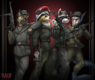 5_fingers anthro belt black_nose blue_body blue_eyes blue_fur brown_body brown_fur cigarette clothing communism eyebrows eyewear fingers fur gas_mask glasses gradient_background great_britain grey_body grey_fur group gun hammer_and_sickle hat headgear headwear looking_at_viewer male mask military military_beret military_cap military_clothing military_uniform mp_40 orange_body orange_fur pince-nez politics ranged_weapon round_glasses russian shotgun simple_background small_glasses smoke snout soviet_union standing submachine_gun tail text third_reich thompson_gun uniform united_states_of_america weapon white_body white_fur winchester_1897 wishbone_mouth world_war_2 thepimpartist raid:_world_war_ii steyr_arms winchester_repeating_arms_company canid canine canis collie domestic_dog german_shepherd herding_dog mammal pastoral_dog procyonid raccoon sergal sheepdog 2018 english_text hi_res traditional_media_(artwork)