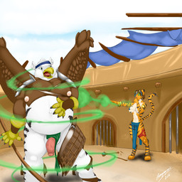 anthro arena armor balls battle beak bottomwear bottomwear_aside brown_body brown_feathers clothing clothing_aside duo feathered_wings feathers female genitals glans half-erect humanoid_genitalia humanoid_penis inflation jewelry loincloth loincloth_aside magic male micro-top moobs nipples overweight overweight_male penis pink_glans pink_nipples pink_penis spell tail white_balls white_body white_feathers wings yellow_beak cenegan024 mythology avian felid gryphon mammal mythological_avian mythological_creature pantherine tiger 1:1 2016 absurd_res hi_res