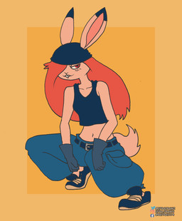anthro belt bottomwear buckteeth clothing collarbone denim denim_bottomwear denim_clothing female footwear gloves hair handwear jeans navel outline pants rabbit_ears red_eyes red_hair scut_tail shoes short_tail simple_background sitting sneakers solo tail teeth tomboy topwear efradraws mayra_coney hare lagomorph leporid mammal absurd_res digital_media_(artwork) hi_res