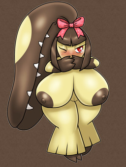anthro areola big_breasts biped blush bodily_fluids breasts crying female genitals huge_breasts nipples non-mammal_nipples red_eyes sharp_teeth solo tears teeth thick_thighs vulva yellow_body lurking_tyger don't_attack_me_mawile nintendo pokemon generation_3_pokemon mawile pokemon_(species) 2026 3:4 hi_res