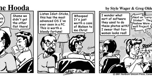 beard clothed clothed_male clothing computer dialogue duo electronics eyewear facial_hair furniture glasses human_only lamp male not_furry sofa spit-take stubble text style_wager dela_the_hooda human mammal 2001 comic english_text greyscale monochrome
