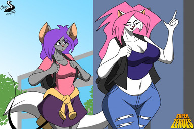anthro backpack clothing duo female hair chrisandcompany cassandra_pierce tiffany_carrell domestic_cat felid feline felis mammal mouse murid murine rodent