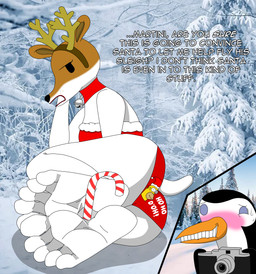 5_toes anthro antler_headband asking_another barefoot beak bell black_body black_feathers black_nose blush brown_body brown_fur butt camera candy candy_cane clothed clothed_anthro clothed_female clothing dessert dialogue duo feathers feet female female_focus food foot_fetish foot_focus fur holding_camera holding_object humanoid_feet male multicolored_body multicolored_feathers multicolored_fur open_mouth orange_beak plantigrade soles solo_focus tail talking_to_another teeth text toes two_tone_body two_tone_feathers white_body white_feathers white_fur raidenthedeoxys olive_the_other_reindeer the_simpsons homer_simpson martini_(olive_the_other_reindeer) olive_(olive_the_other_reindeer) avian bird canid canine canis domestic_dog mammal penguin absurd_res english_text hi_res