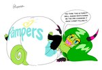big_diaper clothed clothing diaper diaper_fetish female green_body green_hair hair horn huge_diaper hyper_diaper object_in_mouth pacifier pacifier_in_mouth solo text wearing_diaper yellow_eyes sippysips pampers sega sonic_the_hedgehog_(series) the_deadly_six zeena humanoid zeti english_text