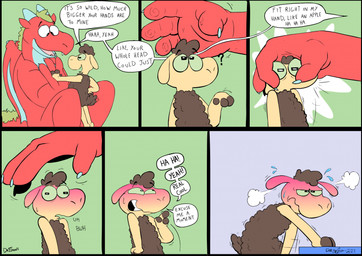 anthro aroused blush bodily_fluids brown_body comparing comparing_hands cute_fangs dialogue duo fangs fingerprint fur hand_on_hand headpat male male/male mane membrane_(anatomy) membranous_wings question_mark red_body size_difference sweat sweatdrop teeth text wings wool_(fur) daztoons mythology jago_(daztoons) shervin_(daztoons) bovid caprine dragon mammal mythological_creature mythological_scalie scalie sheep 2023 comic dated english_text hi_res signature