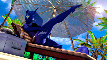 anthro anthrofied bikini blue_eyes blue_hair breasts clothing cooler ethereal_hair feet female hair horn humanoid_feet lens_flare palm_tree parasol plant plantigrade raised_leg solo sun sunscreen swimwear tree two-piece_swimsuit shadowuwu friendship_is_magic hasbro my_little_pony mythology princess_luna_(mlp) equid equine mammal mythological_creature mythological_equine unicorn 16:9 3d_(artwork) 4k absurd_res digital_media_(artwork) hi_res widescreen