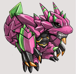 anthro chibi claws looking_at_viewer male pink_body sharp_teeth simple_background solo teeth white_background ranksyqk bandai_namco digimon digimon_beatbreak armalizamon digimon_(species) scalie hi_res