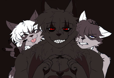 ambiguous_gender anthro black_body black_fur black_hair blue_eyes clenched_teeth clothed clothing eye_through_hair eyebrow_through_hair eyebrows fur gesture grey_body grey_fur group hair hand_gesture heart_gesture looking_at_viewer male male_anthro muscular muscular_anthro muscular_male pawpads red_eyes simple_background teeth topwear translucent translucent_hair trio v_sign white_hair butcher_pal adam_manchester victoria_manchester canid canine canis hybrid mammal procyonid raccoon wolf 2025 colored digital_drawing_(artwork) digital_media_(artwork) daughter_(lore) father_(lore) father_and_child_(lore) father_and_daughter_(lore) parent_(lore) parent_and_child_(lore) parent_and_daughter_(lore)