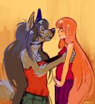 alternate_species anthro blush carrying_another clothed clothing duo female female/female female_on_anthro fur grey_body grey_fur hair open_mouth orange_hair simple_background smile standing teeth yellow_eyes kunaike adventure_time cartoon_network marceline_abadeer princess_bubblegum canid canine canis human mammal wolf