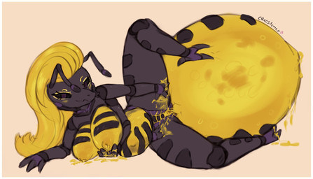 4_arms antennae_(anatomy) anthro arthropod_abdomen arthropod_abdomen_genitalia black_body black_skin blonde_hair bodily_fluids female food genitals hair honey_(food) honey_on_breasts honey_on_genitals honey_on_hand honey_on_nipples honey_pussy_juice lactating lactating_honey multi_arm multi_limb nude solo spread_legs spreading swollen_breasts translucent translucent_body unusual_bodily_fluids unusual_lactation vulva yellow_vulva chaosferret ant arthropod honeypot_ant hymenopteran insect hi_res