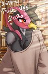 anthro anthrofied areola beak black_hair blush breasts clothed clothing eyewear feathers female glasses hair humor intersex nipple_slip nipples orange_eyes plumage pokemorph solo text dunewulff nintendo pokemon avian generation_5_pokemon pokemon_(species) unfezant 2020 english_text