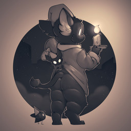 ambiguous_anthro ambiguous_gender anthro barefoot beak beak_closed biped black_beak black_body black_fur black_tail black_tail_tuft bottomless bottomless_ambiguous bottomless_anthro butt candle candlestick clothed clothed_ambiguous clothed_anthro clothing clothing_lift empty_eyes feet fur glowing glowing_eyes hat headgear headwear holding_candle holding_object holding_pillow mouth_closed night nightcap pajamas pillow rear_view semi-anthro serious skyline sleepwear soles solo star tail tail_tuft tiptoes topwear tuft white_eyes young young_ambiguous young_anthro battler deadlock_(game) mythology valve lil_helper_(deadlock) rem_(deadlock) avian chimera dream_creature gryphon mythological_avian mythological_creature 1:1 2026 absurd_res english_description hi_res monochrome