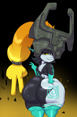armor big_butt black_body blonde_hair bodily_fluids butt butt_grab clothing cute_fangs eyelashes fangs female fused_shadow gesture grey_body hair hair_hand hand_gesture hand_on_butt headgear headwear helmet huge_butt humanoid_pointy_ears long_hair pointy_ears pupils red_eyes shortstack shortstack_female solo sweat sweatdrop sweaty_butt teeth thick_thighs v_sign yellow_sclera jojojiva nintendo the_legend_of_zelda twilight_princess midna humanoid imp twili 2025 absurd_res hi_res