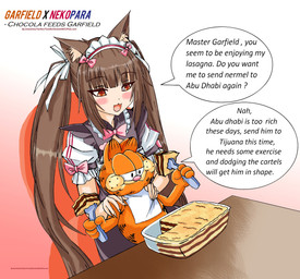 ambiguous_gender anthro blush brown_hair clothed clothed_humanoid clothing cutlery dialogue duo eating eyebrow_through_hair eyebrows food fork fur furniture hair hand_on_shoulder inner_ear_fluff kitchen_utensils lasagna orange_body orange_fur pasta sitting speech_bubble table text tools translucent translucent_hair tuft jmantime garfield_(series) neko_works nekopara chocola_(sayori) garfield_the_cat animal_humanoid cat_humanoid domestic_cat felid felid_humanoid feline feline_humanoid felis humanoid mammal mammal_humanoid 2020 absurd_res character_name crossover digital_drawing_(artwork) digital_media_(artwork) english_text hi_res url female_(lore) male_(lore)