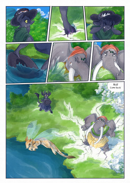 ambiguous_gender anthro biped black_body black_fur black_tail blue_sky clothed clothing cloud day dialogue duo feral fur grass grey_body hat headgear headwear holding_object magic male outside plant proboscis_(anatomy) river scared sky speech_bubble splashing_water tail text tree trunk_(anatomy) water bjekkergauken imbali_(bjekkergauken) isilo_(bjekkergauken) arthropod elephant elephantid insect mammal proboscidean unknown_species 2025 comic english_text hi_res