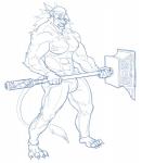 abs anthro barefoot biceps big_muscles biped bottomwear bulge claws clothed clothing ear_piercing feet fur looking_at_viewer male muscular muscular_anthro muscular_male nipples pants pecs piercing solo standing toe_claws topless weapon furious_(artist) felid lion mammal pantherine hi_res sketch