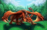 feral forest horn membrane_(anatomy) membranous_wings open_mouth outside plant red_body red_scales scales solo standing tail tree wings lauralien european_mythology mythology talaran dragon mythological_creature mythological_scalie scalie western_dragon 2014