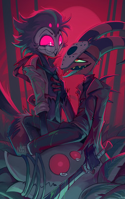 accessory anthro bodily_fluids bulge clothed clothing duo eyewear feathers holidays male necktie necktie_grab open_mouth pink_sclera saliva tears teeth topwear nurinaki halloween hellaverse helluva_boss blitzo_(helluva_boss) stolas_(helluva_boss) avian bird demon imp owl owl_demon hi_res