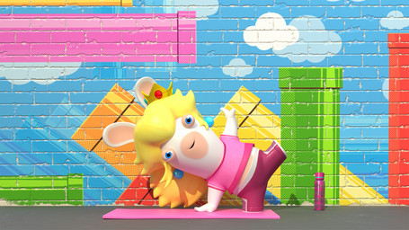 anthro blonde_hair blue_ear_piercing blue_eyes bottle bottomwear brick_wall clothing container crown ear_piercing featureless_legs female female_anthro flat_chested floor fur hair headgear inside light long_hair looking_at_viewer midriff mitten_hands multicolored_body pants piercing pink_clothing pink_shirt pink_t-shirt pink_topwear red_bottomwear red_clothing red_pants shirt smile smiling_at_viewer solo t-shirt tan_body tan_eyelids tan_inner_ear tan_skin topwear two_tone_body wall_(structure) water_bottle white_body white_fur yoga yoga_mat yoga_pants perrine_lozinguez mario_bros mario_plus_rabbids_kingdom_battle nintendo raving_rabbids rayman_(series) ubisoft rabbid_peach lagomorph mammal rabbid 16:9 2019 3d_(artwork) adobe_photoshop_(artwork) autodesk_maya_(artwork) colored crossover digital_media_(artwork) english_description hi_res lighting official_art shaded substance_painter_(artwork) widescreen