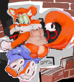 3_toes anthro backsack balls blue_bottomwear blue_clothing blue_pants bottomwear brick butt clothing denim denim_bottomwear denim_clothing feet fur genitals jeans male open_mouth orange_body orange_fur pants shirt solo tank_top text toes topwear underwear guddlegump titus_the_fox titus_the_fox_(character) canid canine fox mammal 2026 artist_name digital_drawing_(artwork) digital_media_(artwork) hi_res