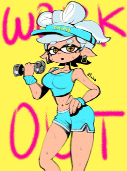 bodily_fluids bottomwear breasts clothing dolphin_shorts ear_piercing exercise female hand_on_hip hat headgear headwear humanoid_pointy_ears midriff piercing pointy_ears pupils shorts solo sweat unusual_pupils visor_cap weightlifting workout casroder nintendo splatoon marie_(splatoon) animal_humanoid aquatic aquatic_humanoid cephalopod cephalopod_humanoid humanoid inkling mollusk mollusk_humanoid hi_res