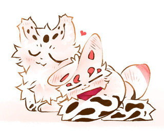 ambiguous_gender black_body black_fur cheek_to_cheek cheek_tuft duo eyes_closed facial_tuft feral fur fur_markings happy heart_symbol lying markings monotone_background mouth_closed multicolored_body multicolored_fur pawpads paws pink_body pink_fur smile tuft two_tone_body two_tone_fur white_body white_fur xiyaodii asian_mythology fabulous_beasts fenz_(studio) mythology fuzai_(fabulous_beasts) hetao_(fabulous_beasts) canid canine felid fox mammal mengji pantherine snow_leopard colored