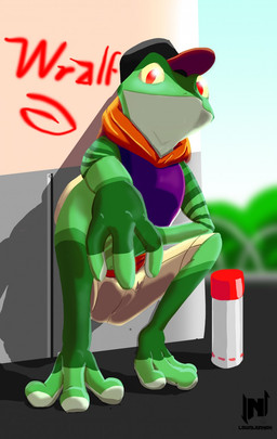 anthro baseball_cap bottomwear clothing countershade_face countershading graffiti graffiti_on_wall green_body hat headgear headwear hoodie male markings outside shadow shorts spray_can spray_paint_can striped_markings stripes topwear wall_(structure) lownleinhigh wralf_airrick_rockhold amphibian frog tree_frog 2020 hi_res