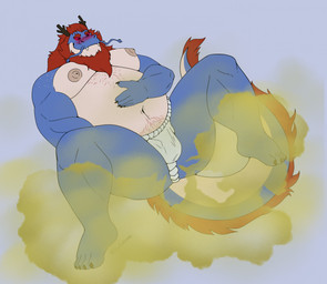 anthro asian_clothing beard blush body_hair clothing east_asian_clothing facial_hair fart fart_cloud fart_fetish fundoshi japanese_clothing looking_pleasured male obese overweight overweight_male relieved solo underwear avoid_posting scentedbunns mythology dragon mythological_creature mythological_scalie scalie hi_res