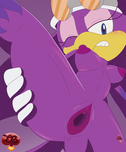 anthro anus areola beak blue_eyes blush breasts clitoral_hood clitoris clothing eyelashes eyewear_on_head female gaping gaping_vagina genitals gloves half-closed_eyes handwear headgear headwear kerchief long_eyelashes narrowed_eyes nipple_dip nipples nude one_eye_closed purple_body simple_background solo spread_legs spreading teeth ventral_groove vulva wink ladycherrybomba sega sonic_riders sonic_the_hedgehog_(series) wave_the_swallow avian bird hirundinid oscine passerine swallow_(bird) digital_media_(artwork) hi_res