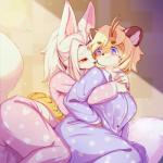 anthro arms_around_torso bed blonde_hair blush breasts butt clothed clothing cuddling duo female female/female fluffy fully_clothed fur furniture hair heart_clothing heart_pattern heart_print heart_symbol hug hugging_another hugging_from_behind inside interspecies kemono light light_beam lying on_bed on_side pajamas pattern_clothing pattern_pajamas ponytail print_clothing print_pajamas purple_eyes red_eyes shy smile spots spotted_clothing stripes sunbeam sunlight white_body white_fur white_hair yellow_body yellow_fur whooo-ya canid canine felid fox mammal pantherine tiger 1:1 absurd_res digital_media_(artwork) hi_res lighting shaded